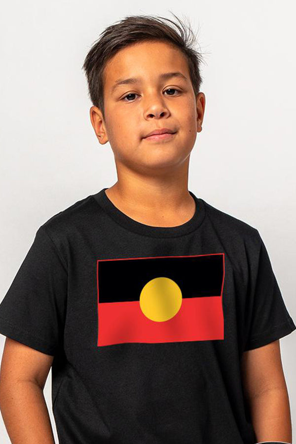 "Raise the Flag" Aboriginal Flag (Large) Black Cotton Crew Neck Kids T-Shirt