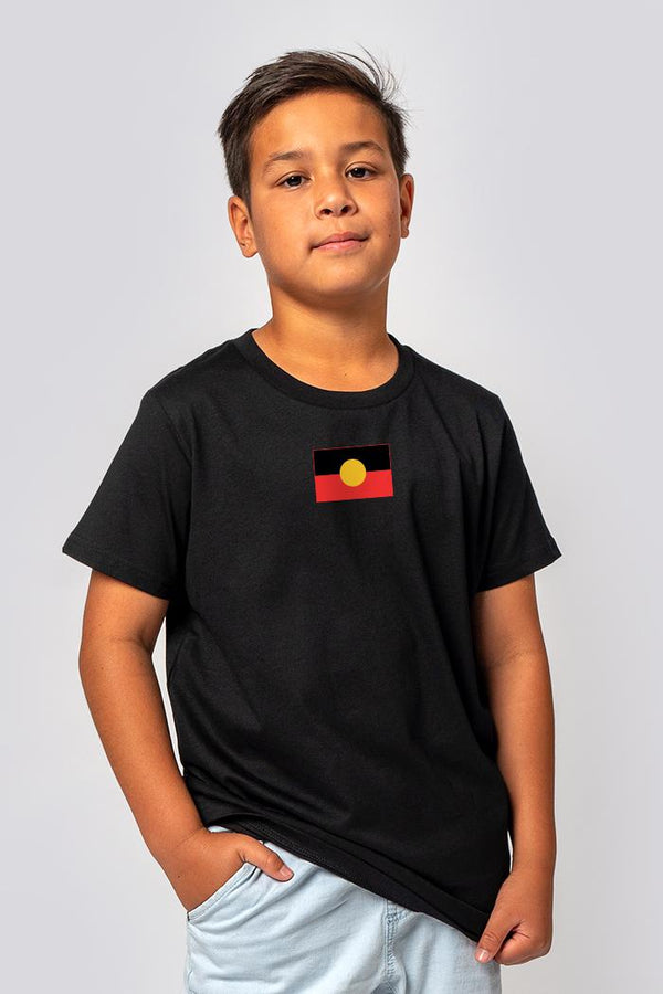 "Raise the Flag" Aboriginal Flag (Small) Black Cotton Crew Neck Kids T-Shirt