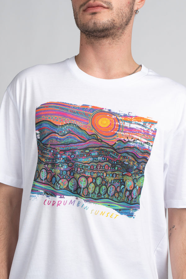 Currumbin Sunset White Cotton Crew Neck Unisex T-Shirt