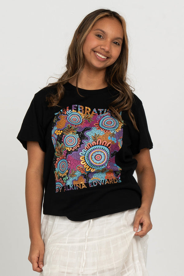 Celebration (Full Print) Black Cotton Crew Neck Women’s T-Shirt