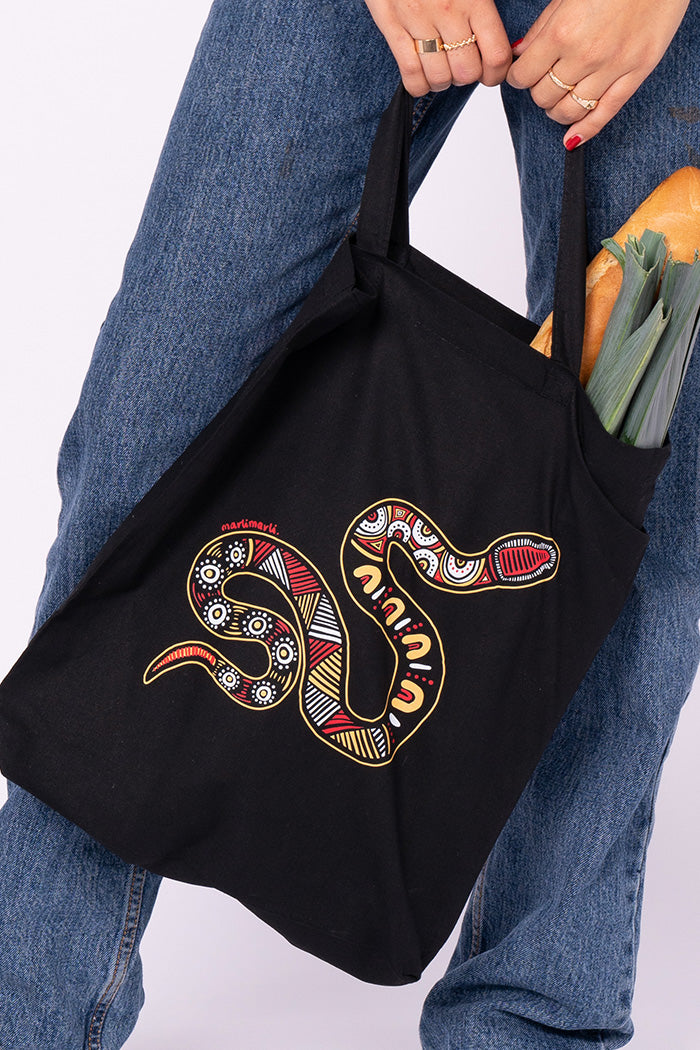 Durrin (Snake) Black Cotton Short Handle Tote Bag