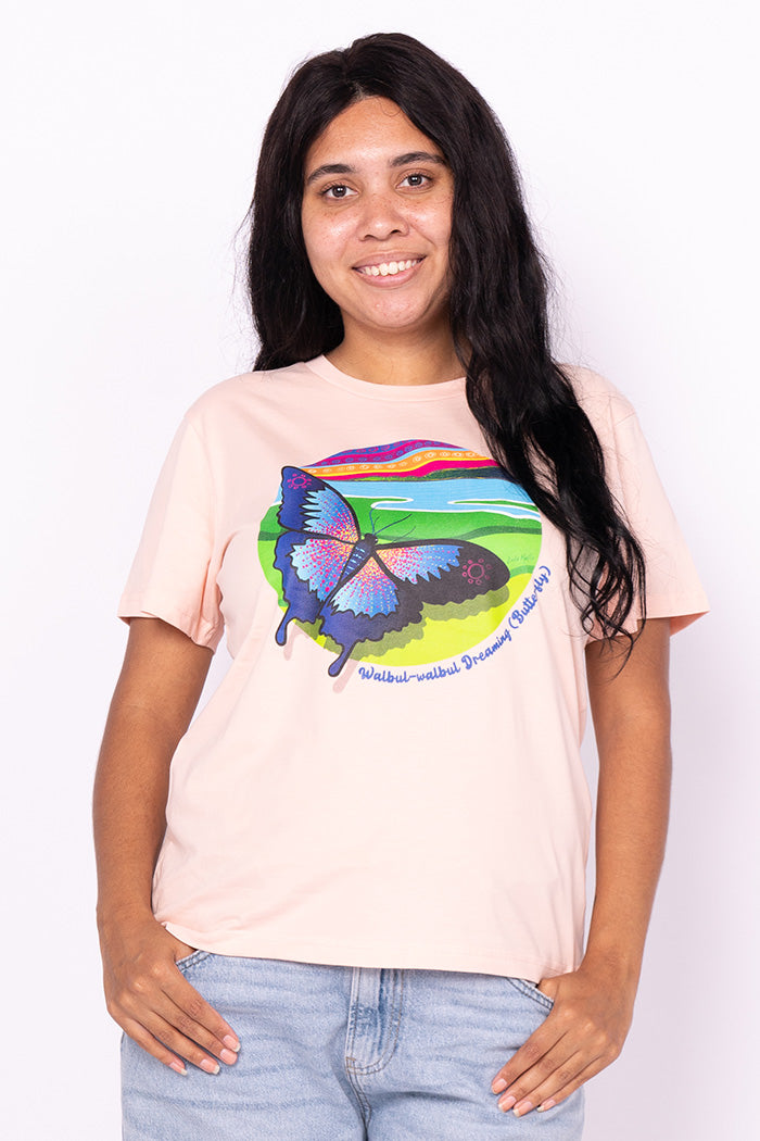 Walbul-walbul Dreaming (Butterfly) Pale Pink Cotton Crew Neck Women's T-Shirt