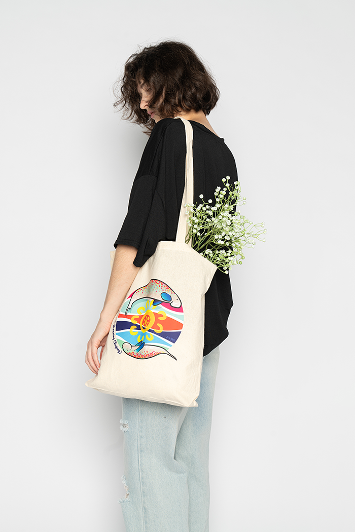 Kirbaji Dreaming (Dugong) Natural Cotton Long Handle Tote Bag