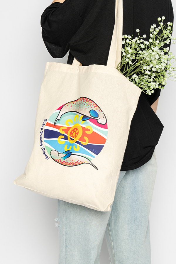 Kirbaji Dreaming (Dugong) Natural Cotton Long Handle Tote Bag