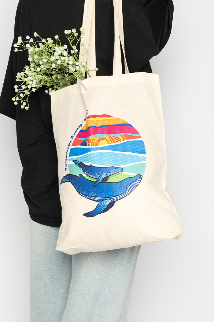 Yalmburrajaka Dreaming (Whale) Natural Cotton Long Handle Tote Bag