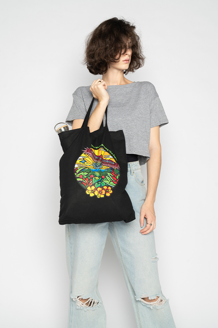 Jalun Wandi Dreaming (Sea Eagle) Black Cotton Short Handle Tote Bag