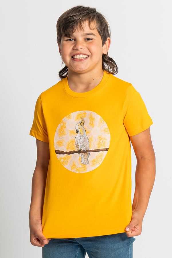 Cockatoo (Djarring) 'Australian Wildlife Conservancy' Gold Cotton Crew Neck Kids T-Shirt